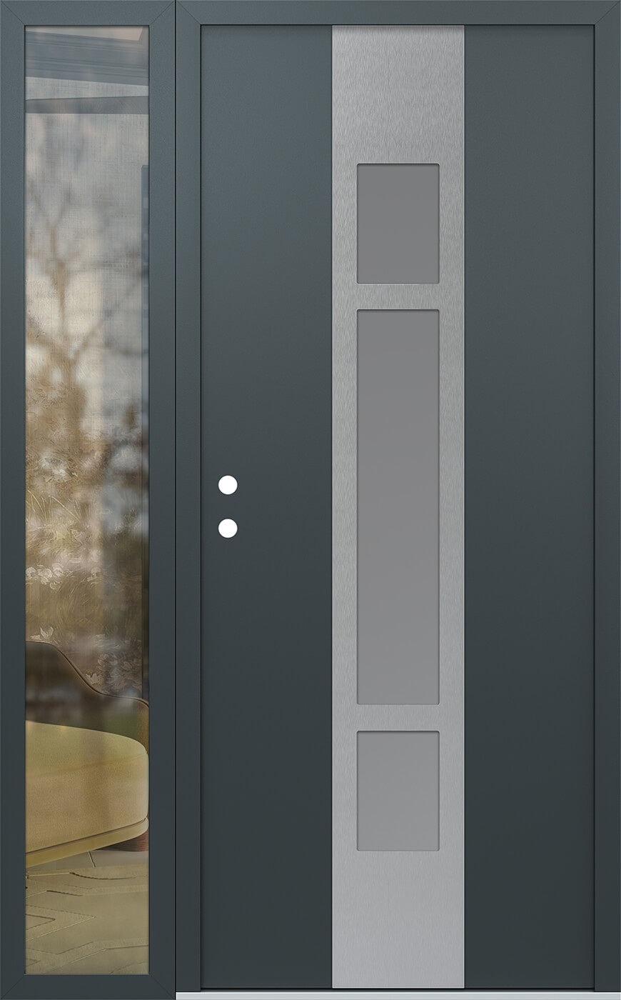 Modern Steel Front Door DIAMOND A9 52" X 80" ANTHRACITE/ANTHRACITE FROSTED GLASS PANEL STAINLESS STEEL LHI WITH SIDELITE CLEAR GLASS