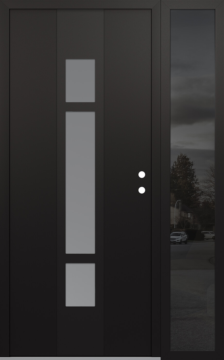 MODERN STEEL FRONT DOOR DIAMOND A9 52" X 80" BLACK/WHITE FROSTED GLASS PANEL BLACK LHI WITH SIDELITE MIRRORED GLASS