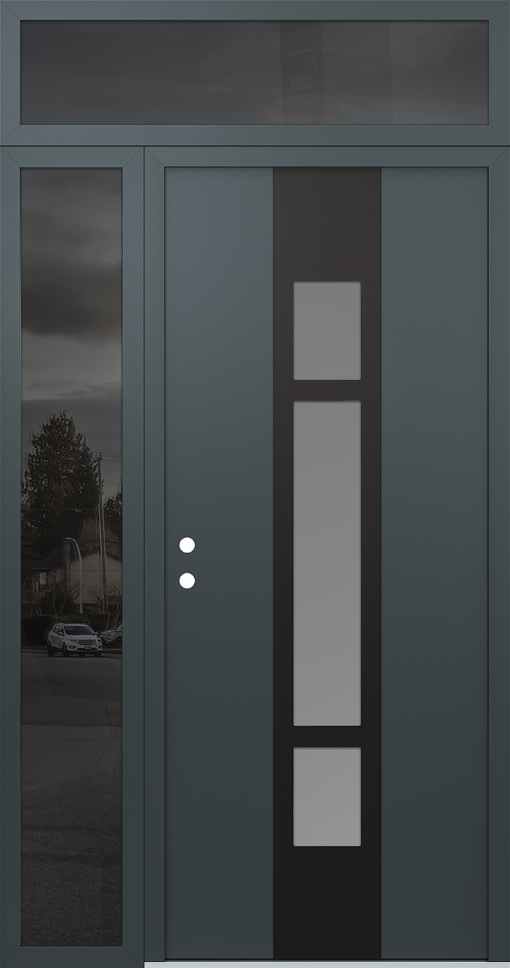 Modern Steel Front Door DIAMOND A9 52" X 96" ANTHRACITE/ANTHRACITE FROSTED GLASS PANEL BLACK RHI WITH SIDELITE AND TRANSOM CLEAR GLASS