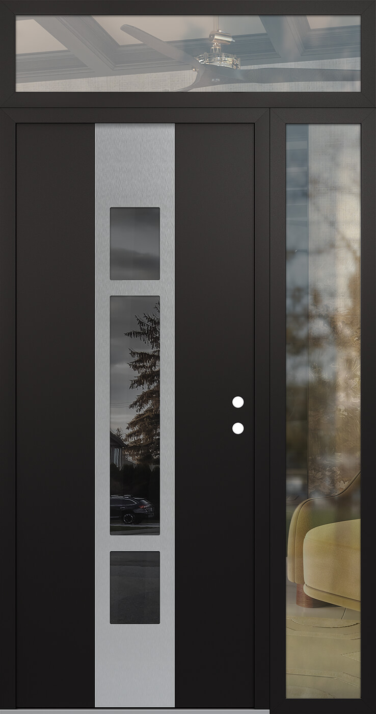 MODERN STEEL FRONT DOOR DIAMOND A9 52" X 96" BLACK/BLACK MIRRORED GLASS PANEL STAINLESS STEEL LHI WITH SIDELITE AND TRANSOM CLEAR GLASS