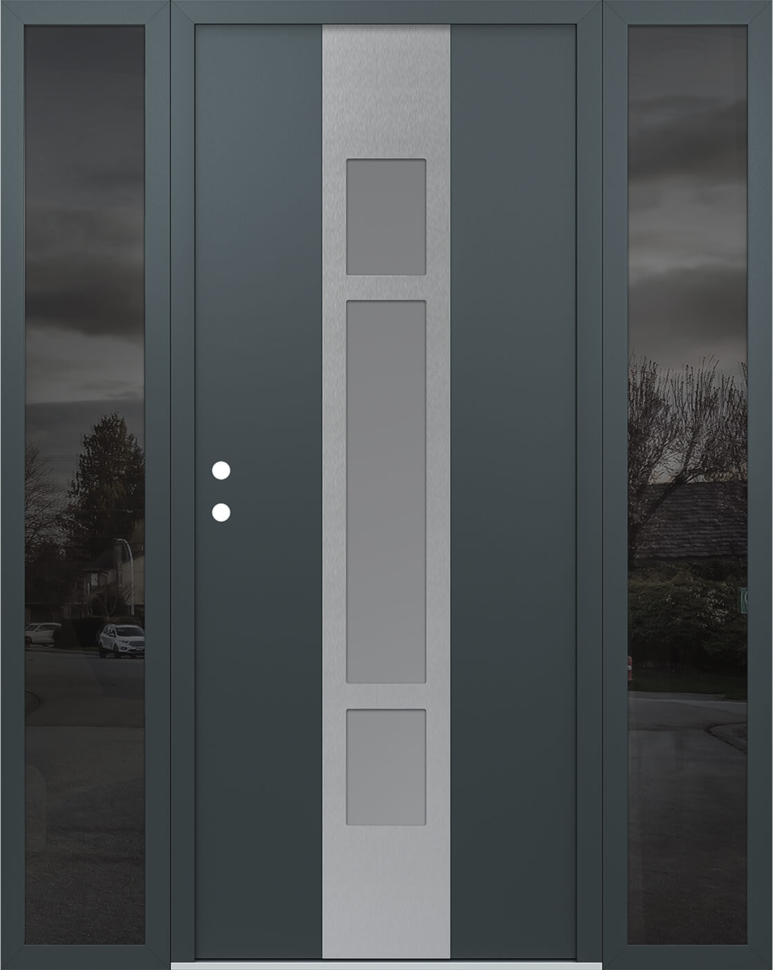 Modern Steel Front Door DIAMOND A9 60" X 80" ANTHRACITE/ANTHRACITE FROSTED GLASS PANEL STAINLESS STEEL RHI WITH 2 SIDELITES FROSTED GLASS