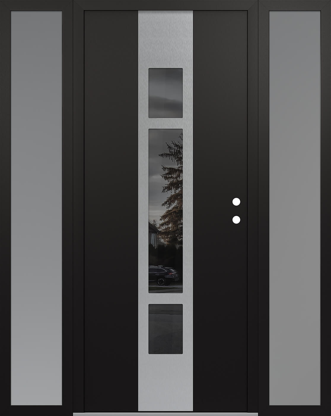 MODERN STEEL FRONT DOOR DIAMOND A9 60" X 80" BLACK/BLACK MIRRORED GLASS PANEL STAINLESS STEEL LHI WITH 2 SIDELITES CLEAR GLASS