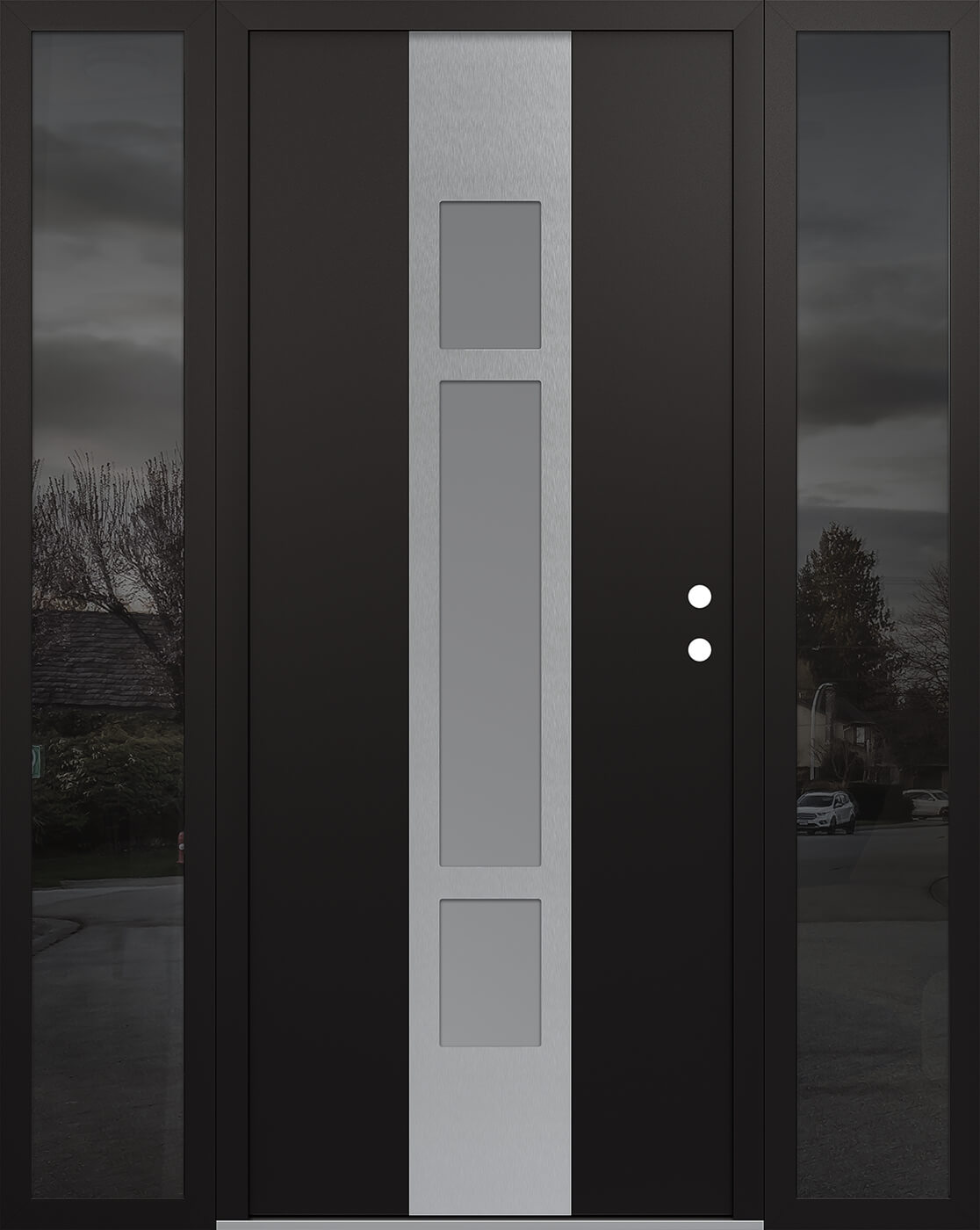 MODERN STEEL FRONT DOOR DIAMOND A9 60" X 80" BLACK/WHITE FROSTED GLASS PANEL STAINLESS STEEL LHI WITH 2 SIDELITES CLEAR GLASS