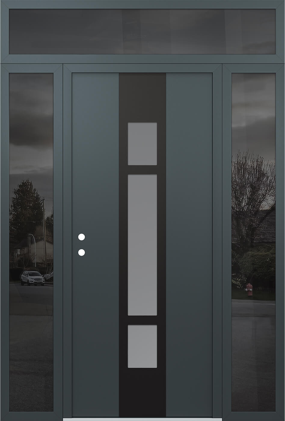 Modern Steel Front Door DIAMOND A9 60" X 96" ANTHRACITE/ANTHRACITE FROSTED GLASS PANEL BLACK RHI WITH 2 SIDELITES AND TRANSOM CLEAR GLASS