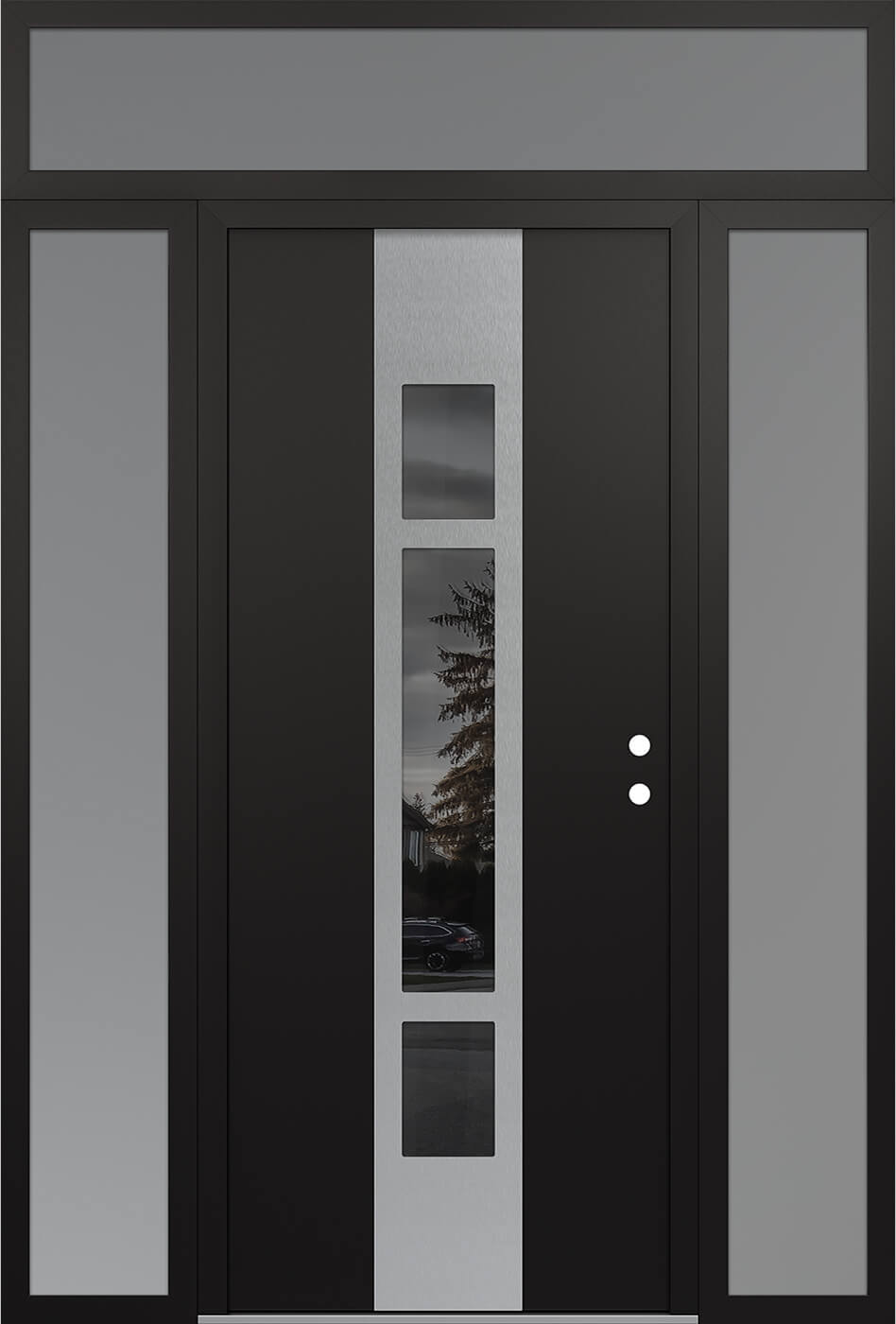 MODERN STEEL FRONT DOOR DIAMOND A9 60" X 96" BLACK/BLACK MIRRORED GLASS PANEL STAINLESS STEEL LHI WITH 2 SIDELITES AND TRANSOM MIRRORED GLASS