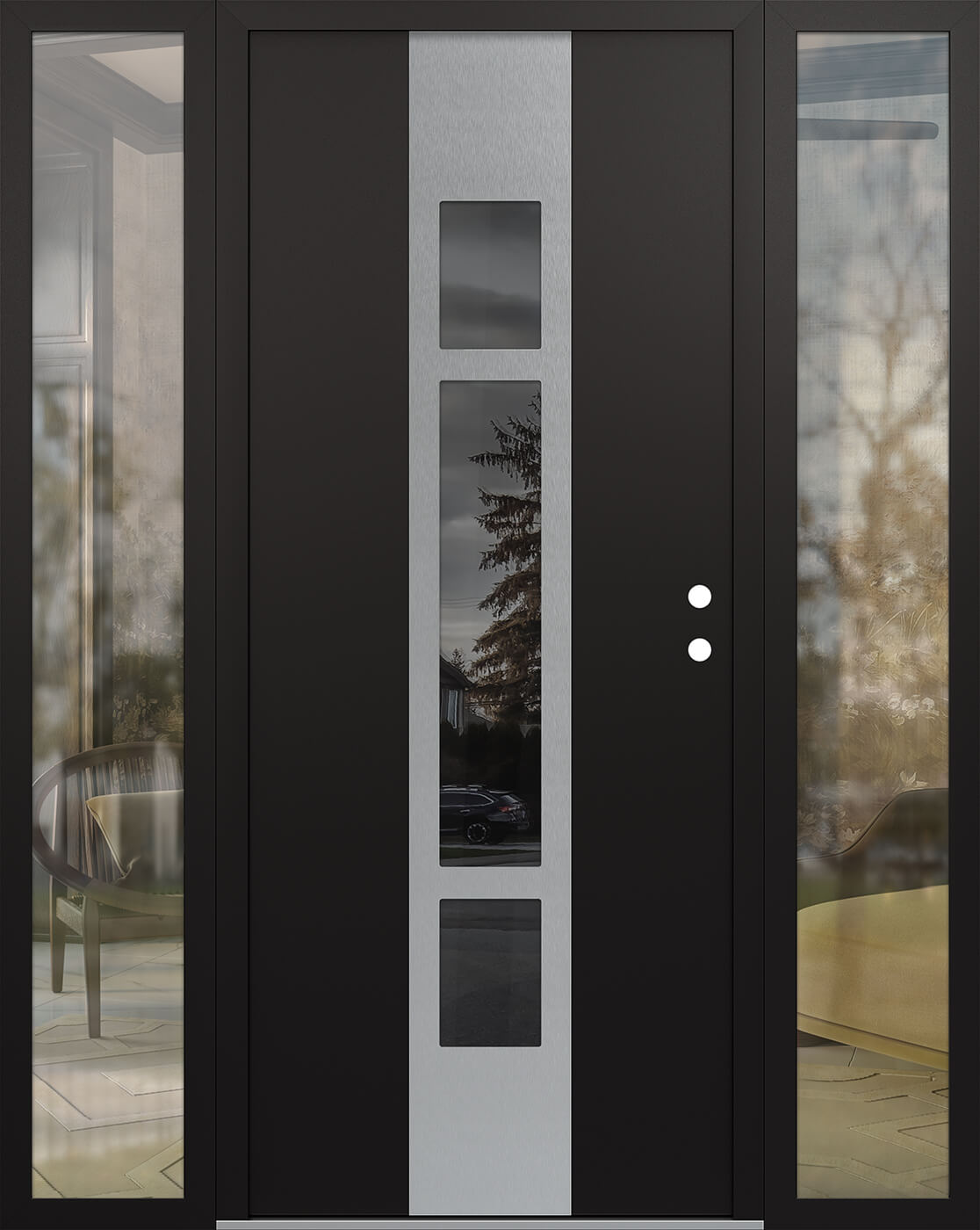 MODERN STEEL FRONT DOOR DIAMOND A9 64" X 80" BLACK/BLACK MIRRORED GLASS PANEL STAINLESS STEEL LHI WITH 2 SIDELITES CLEAR GLASS
