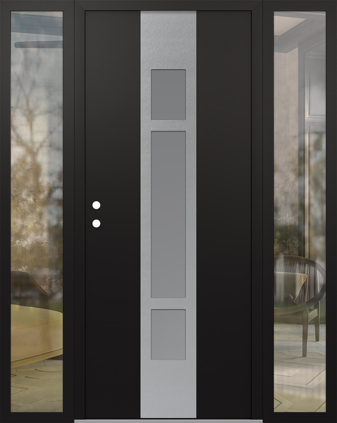 MODERN STEEL FRONT DOOR DIAMOND A9 64" X 80" BLACK/WHITE FROSTED GLASS PANEL STAINLESS STEEL RHI WITH 2 SIDELITES MIRRORED GLASS