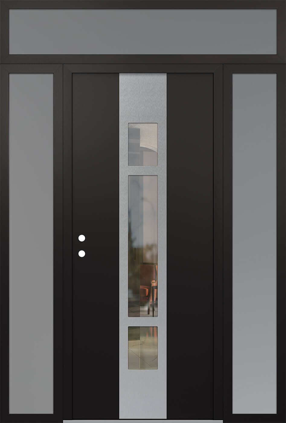 MODERN STEEL FRONT DOOR DIAMOND A9 64" X 96" BLACK/BLACK CLEAR GLASS PANEL STAINLESS STEEL RHI WITH 2 SIDELITES AND TRANSOM CLEAR GLASS