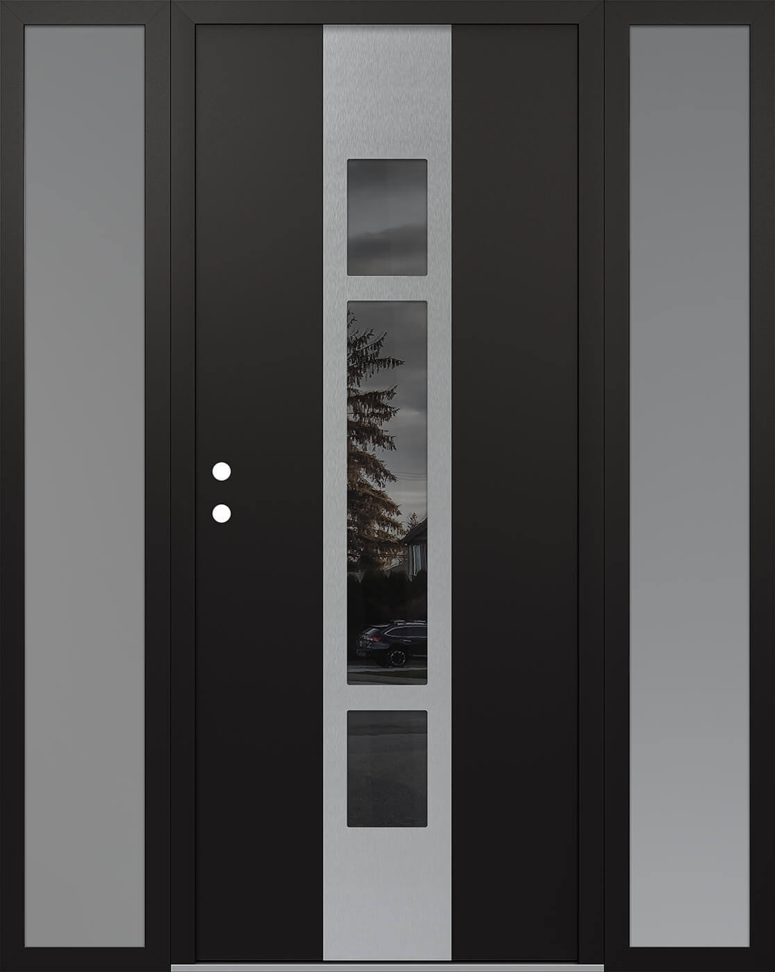MODERN STEEL FRONT DOOR DIAMOND A9 68" X 80" BLACK/BLACK MIRRORED GLASS PANEL STAINLESS STEEL RHI WITH 2 SIDELITES CLEAR GLASS
