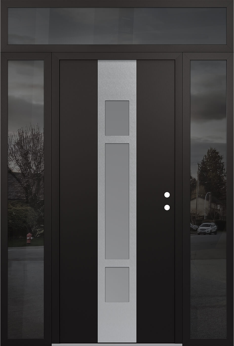 MODERN STEEL FRONT DOOR DIAMOND A9 68" X 96" BLACK/WHITE FROSTED GLASS PANEL STAINLESS STEEL LHI WITH 2 SIDELITES AND TRANSOM FROSTED GLASS