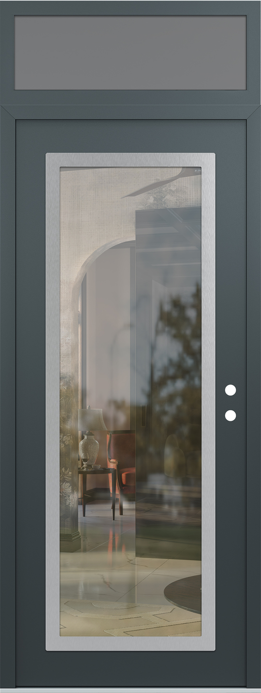 Modern Steel Front Door DIAMOND C1 36" X 96" ANTHRACITE/ANTHRACITE CLEAR GLASS PANEL STAINLESS STEEL LHI WITH TRANSOM FROSTED GLASS