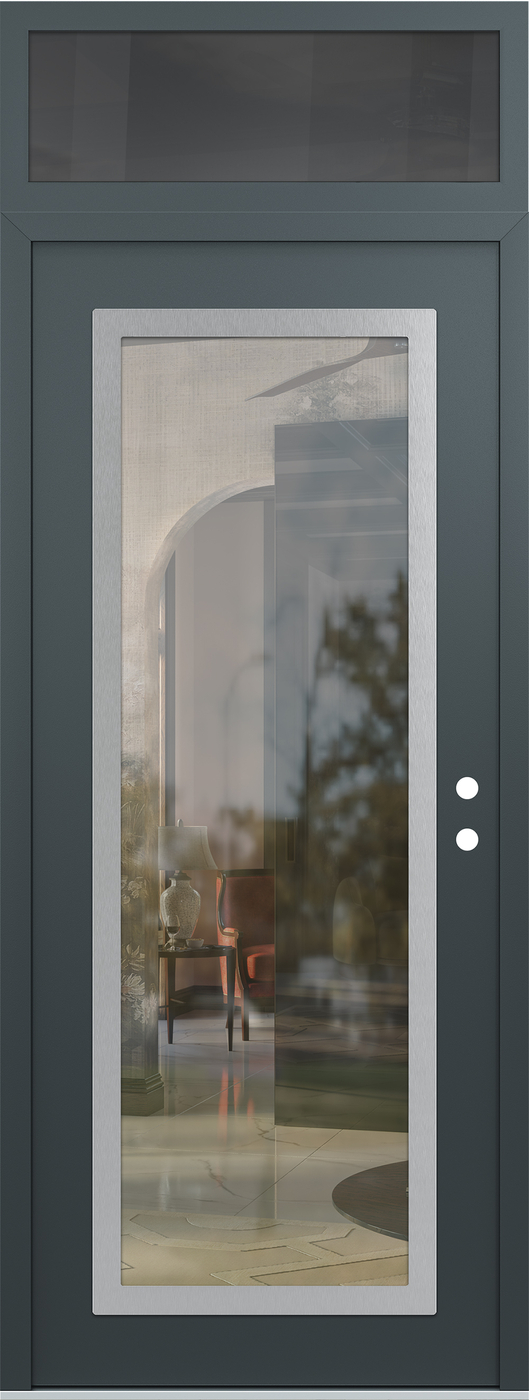 Modern Steel Front Door DIAMOND C1 36" X 96" ANTHRACITE/ANTHRACITE CLEAR GLASS PANEL STAINLESS STEEL LHI WITH TRANSOM MIRRORED GLASS
