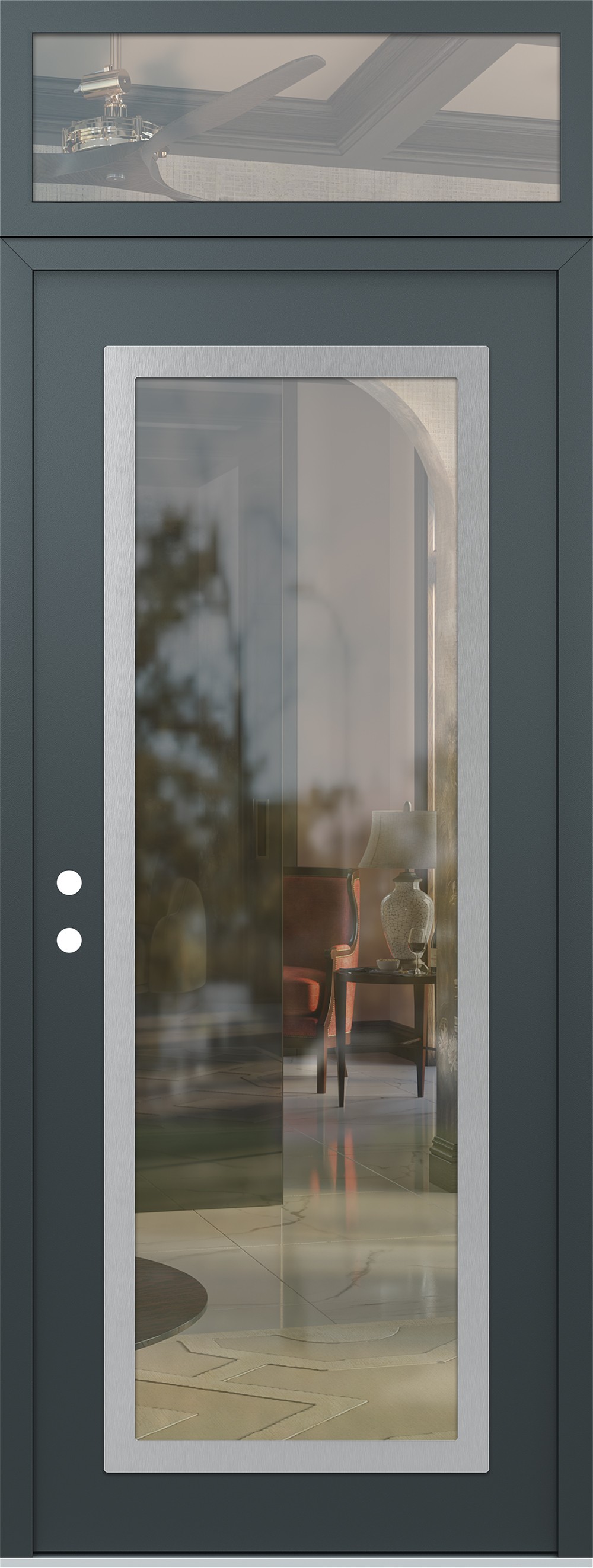 Modern Steel Front Door DIAMOND C1 36" X 96" ANTHRACITE/ANTHRACITE CLEAR GLASS PANEL STAINLESS STEEL RHI WITH TRANSOM CLEAR GLASS