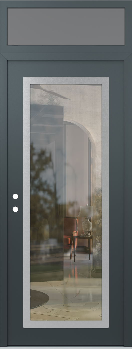 Modern Steel Front Door DIAMOND C1 36" X 96" ANTHRACITE/ANTHRACITE CLEAR GLASS PANEL STAINLESS STEEL RHI WITH TRANSOM FROSTED GLASS