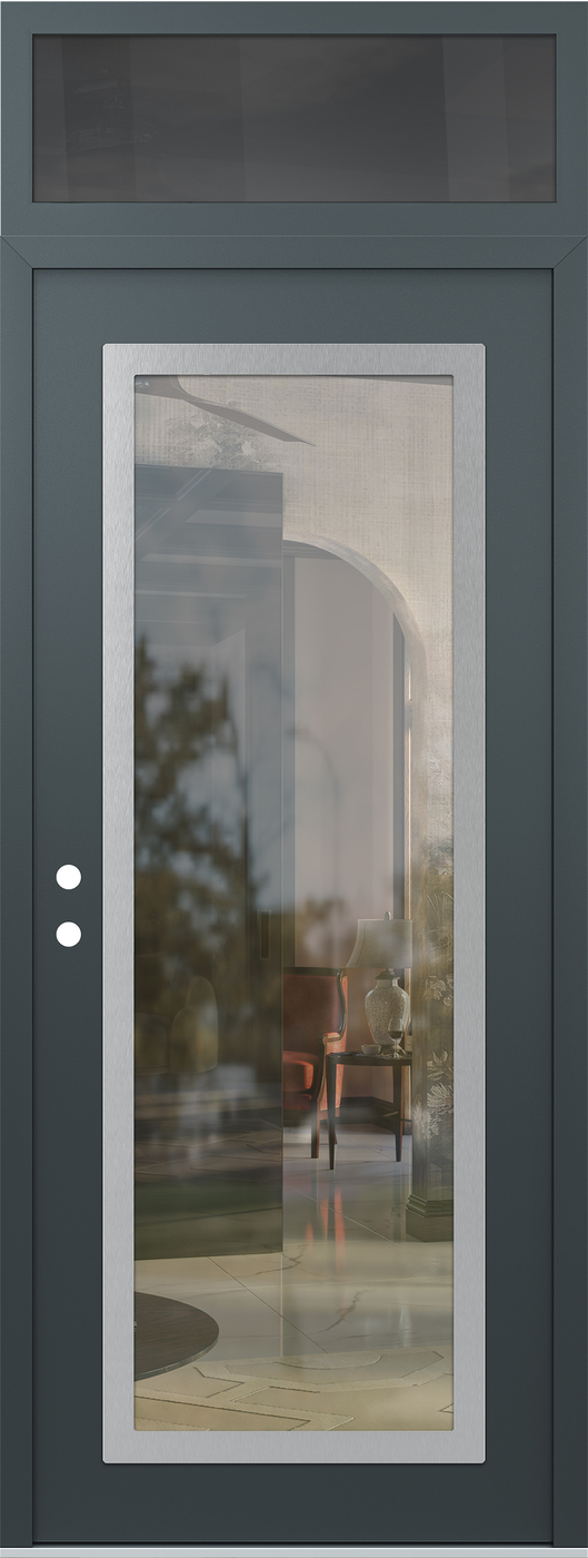 Modern Steel Front Door DIAMOND C1 36" X 96" ANTHRACITE/ANTHRACITE CLEAR GLASS PANEL STAINLESS STEEL RHI WITH TRANSOM MIRRORED GLASS