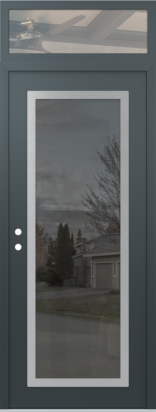 Modern Steel Front Door DIAMOND C1 36" X 96" ANTHRACITE/ANTHRACITE MIRRORED GLASS PANEL STAINLESS STEEL RHI WITH TRANSOM CLEAR GLASS