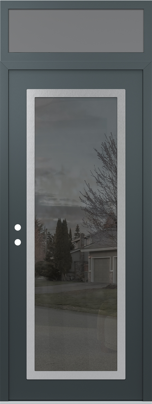 Modern Steel Front Door DIAMOND C1 36" X 96" ANTHRACITE/ANTHRACITE MIRRORED GLASS PANEL STAINLESS STEEL RHI WITH TRANSOM FROSTED GLASS