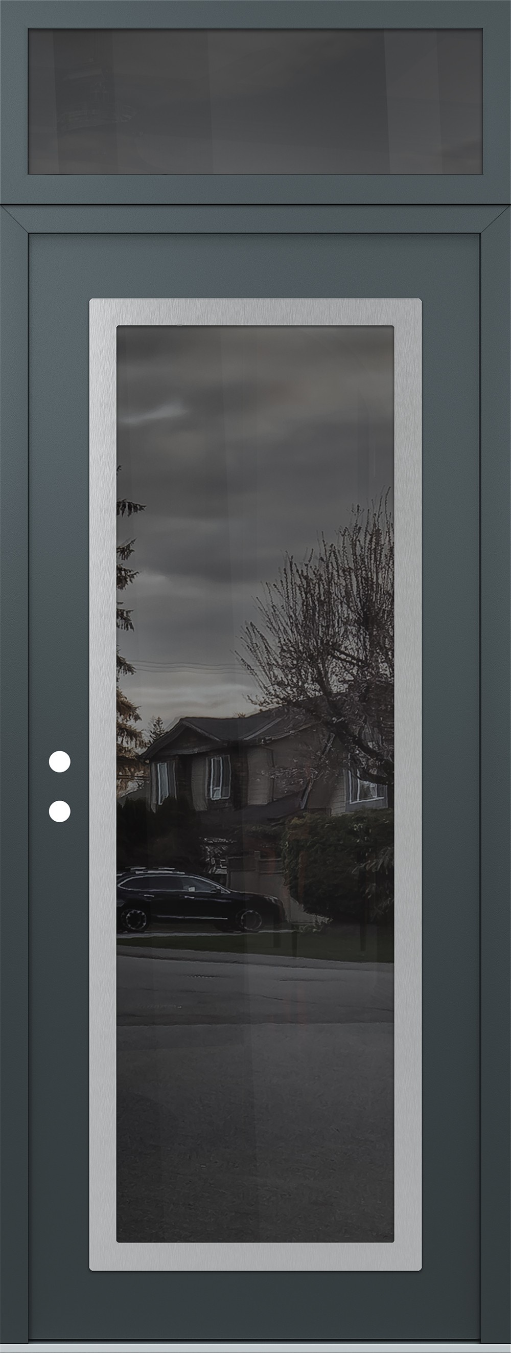 Modern Steel Front Door DIAMOND C1 36" X 96" ANTHRACITE/ANTHRACITE MIRRORED GLASS PANEL STAINLESS STEEL RHI WITH TRANSOM MIRRORED GLASS