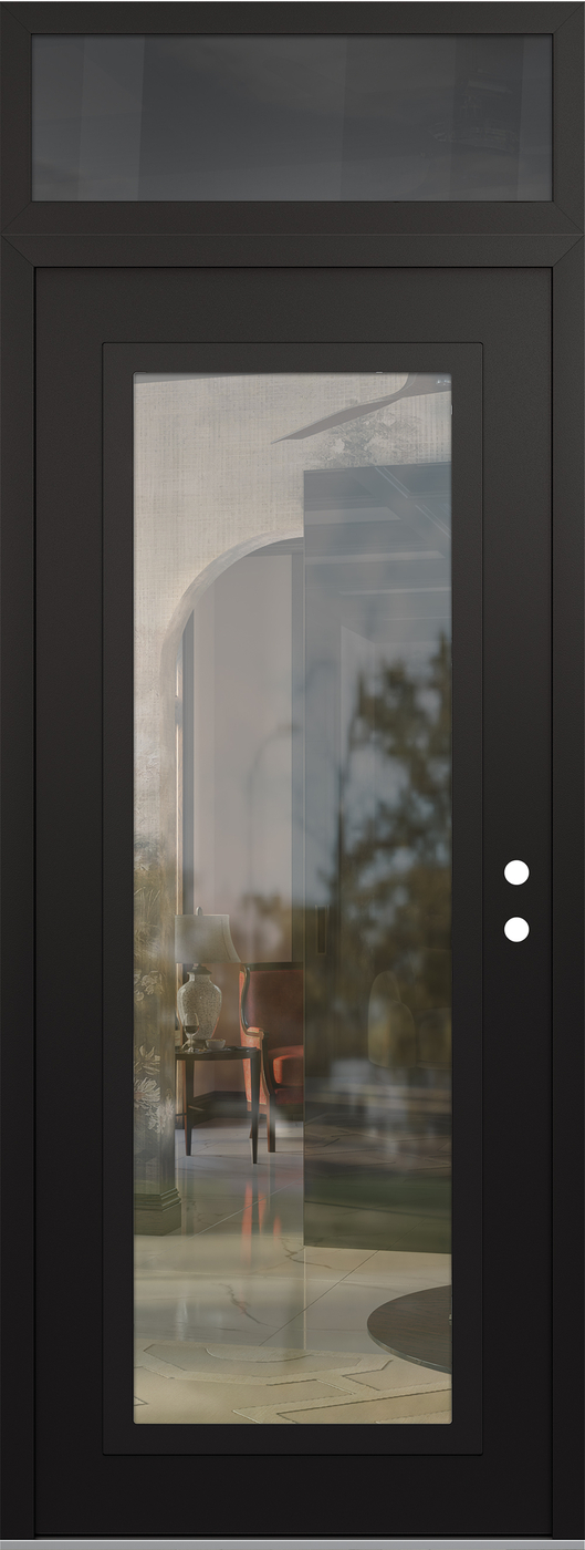 Modern Steel Front Door DIAMOND C1 36" X 96" BLACK/BLACK CLEAR GLASS PANEL BLACK LHI WITH TRANSOM MIRRORED GLASS