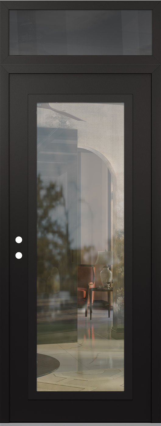 Modern Steel Front Door DIAMOND C1 36" X 96" BLACK/BLACK CLEAR GLASS PANEL BLACK RHI WITH TRANSOM MIRRORED GLASS