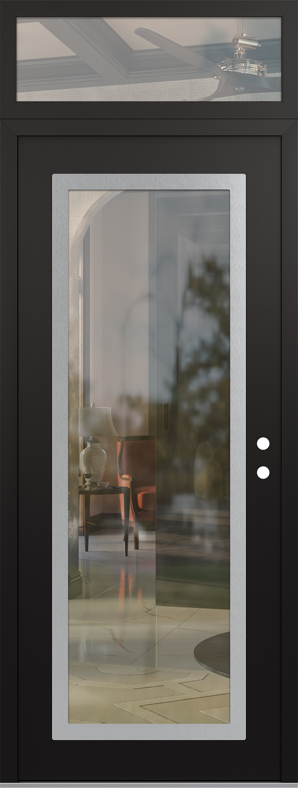 Modern Steel Front Door DIAMOND C1 36" X 96" BLACK/BLACK CLEAR GLASS PANEL STAINLESS STEEL LHI WITH TRANSOM CLEAR GLASS