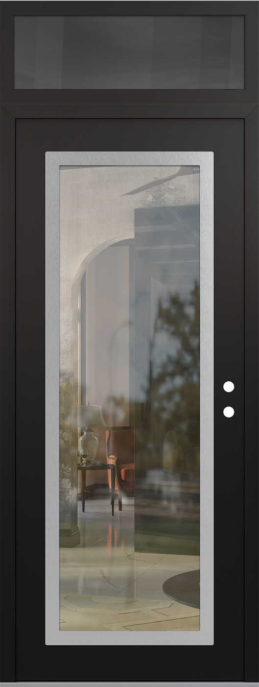 Modern Steel Front Door DIAMOND C1 36" X 96" BLACK/BLACK CLEAR GLASS PANEL STAINLESS STEEL LHI WITH TRANSOM MIRRORED GLASS