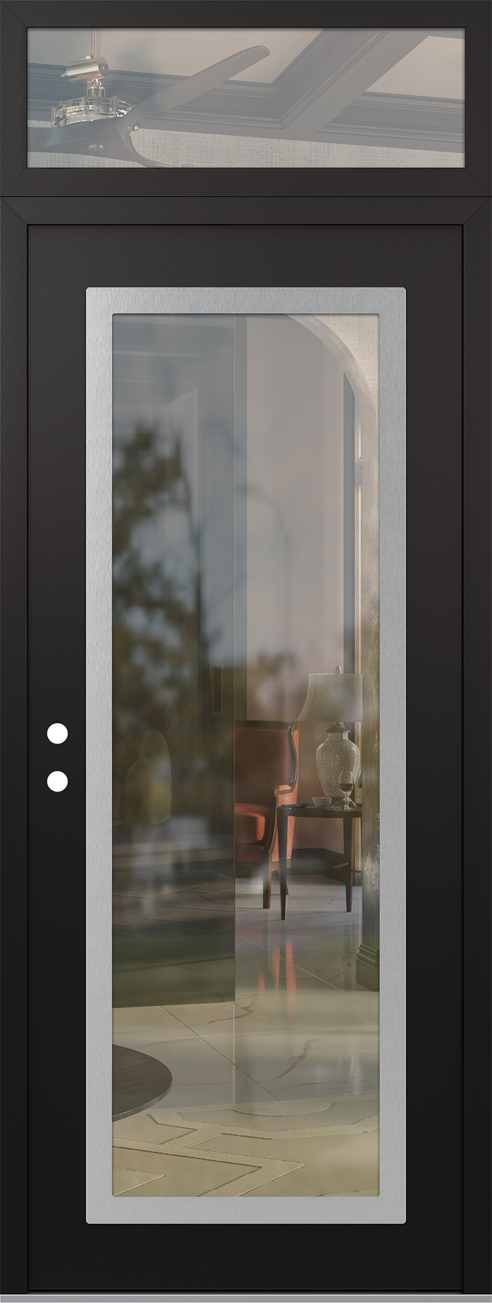 Modern Steel Front Door DIAMOND C1 36" X 96" BLACK/BLACK CLEAR GLASS PANEL STAINLESS STEEL RHI WITH TRANSOM CLEAR GLASS