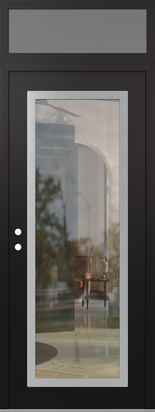 Modern Steel Front Door DIAMOND C1 36" X 96" BLACK/BLACK CLEAR GLASS PANEL STAINLESS STEEL RHI WITH TRANSOM FROSTED GLASS