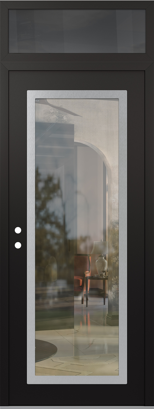 Modern Steel Front Door DIAMOND C1 36" X 96" BLACK/BLACK CLEAR GLASS PANEL STAINLESS STEEL RHI WITH TRANSOM MIRRORED GLASS