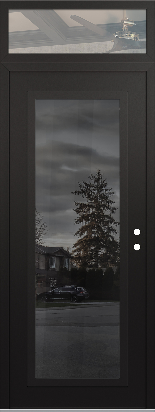 Modern Steel Front Door DIAMOND C1 36" X 96" BLACK/BLACK MIRRORED GLASS PANEL BLACK LHI WITH TRANSOM CLEAR GLASS
