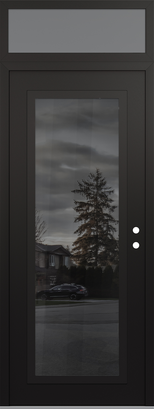 Modern Steel Front Door DIAMOND C1 36" X 96" BLACK/BLACK MIRRORED GLASS PANEL BLACK LHI WITH TRANSOM FROSTED GLASS