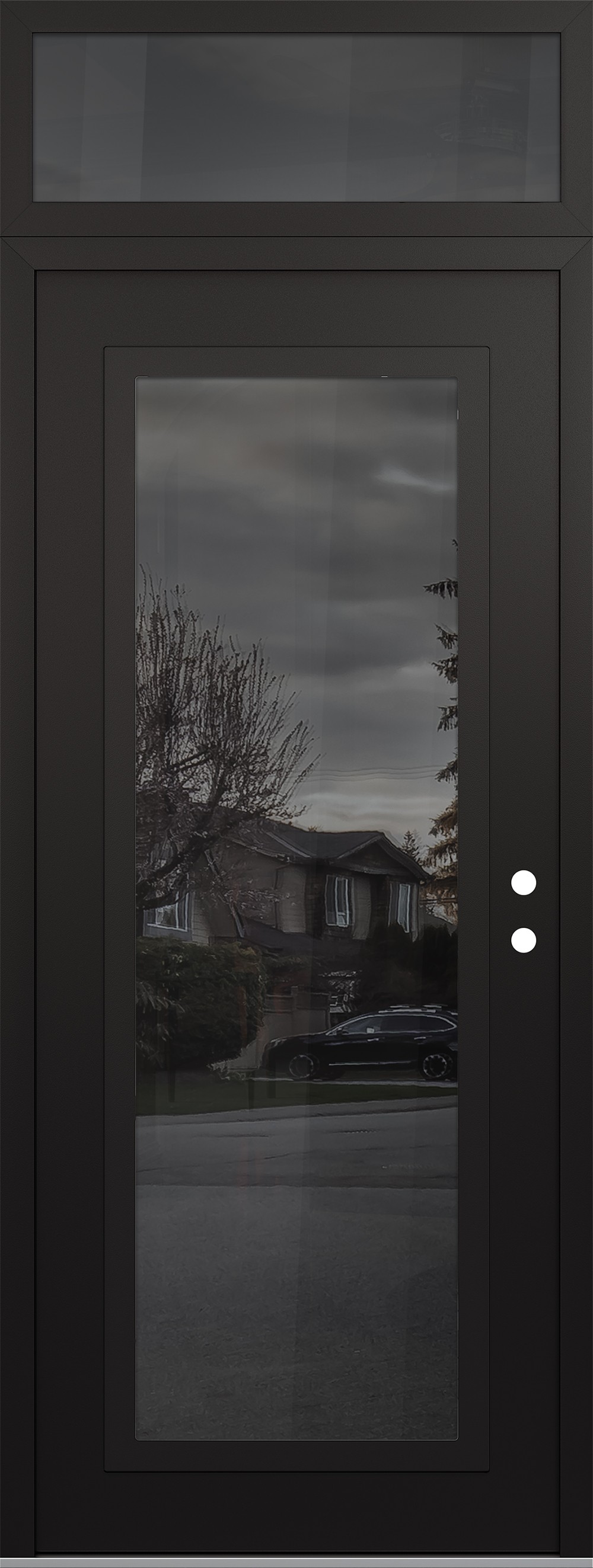 Modern Steel Front Door DIAMOND C1 36" X 96" BLACK/BLACK MIRRORED GLASS PANEL BLACK LHI WITH TRANSOM MIRRORED GLASS