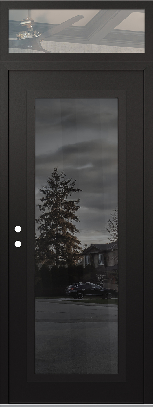 Modern Steel Front Door DIAMOND C1 36" X 96" BLACK/BLACK MIRRORED GLASS PANEL BLACK RHI WITH TRANSOM CLEAR GLASS