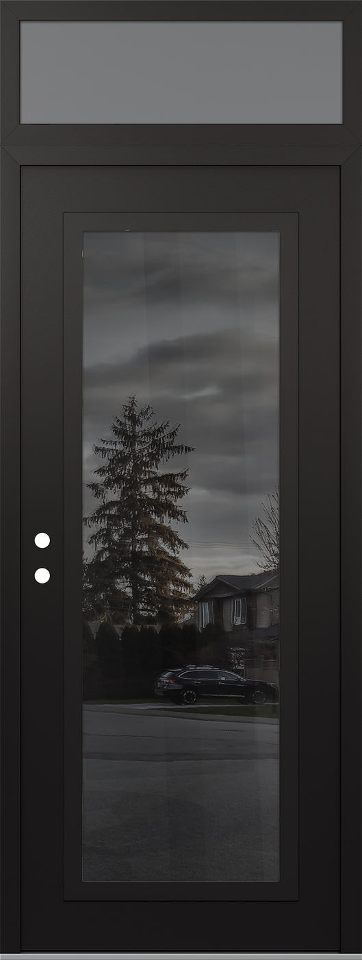 Modern Steel Front Door DIAMOND C1 36" X 96" BLACK/BLACK MIRRORED GLASS PANEL BLACK RHI WITH TRANSOM FROSTED GLASS