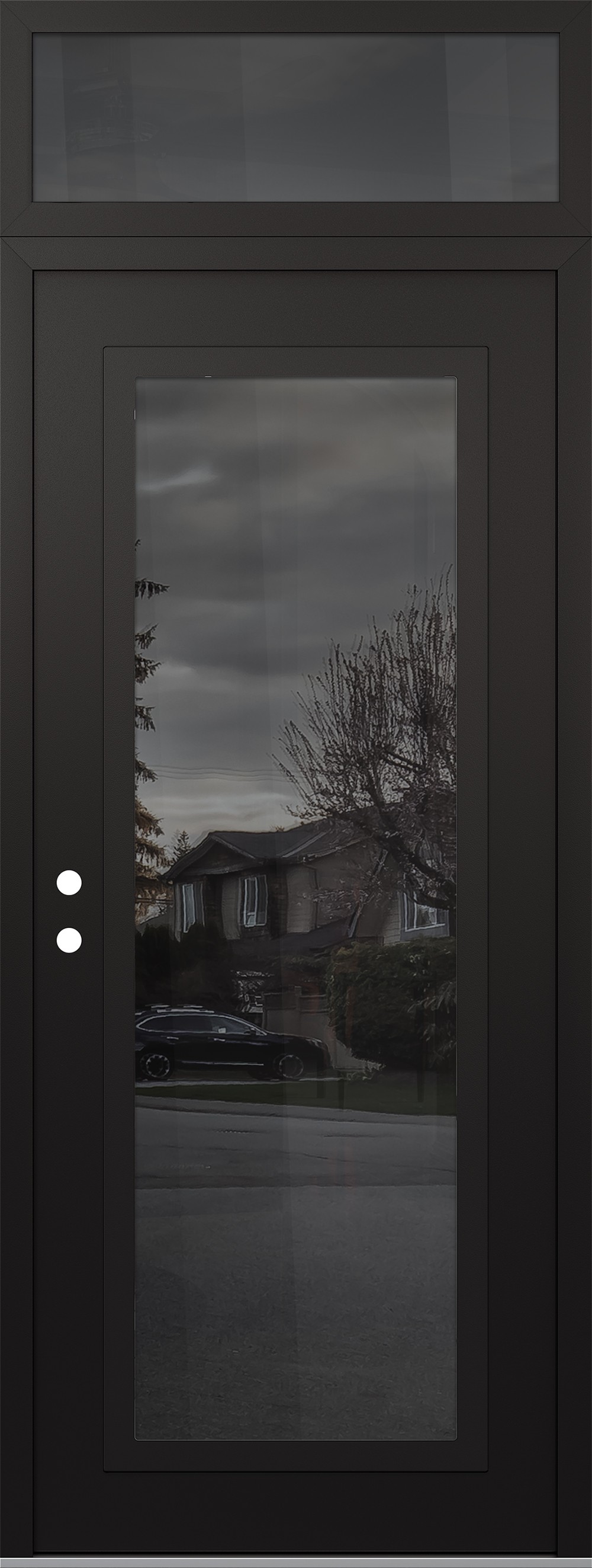 Modern Steel Front Door DIAMOND C1 36" X 96" BLACK/BLACK MIRRORED GLASS PANEL BLACK RHI WITH TRANSOM MIRRORED GLASS