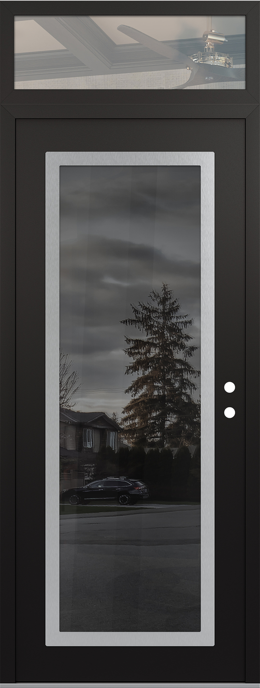 Modern Steel Front Door DIAMOND C1 36" X 96" BLACK/BLACK MIRRORED GLASS PANEL STAINLESS STEEL LHI WITH TRANSOM CLEAR GLASS