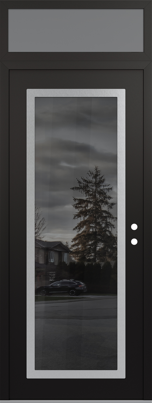 Modern Steel Front Door DIAMOND C1 36" X 96" BLACK/BLACK MIRRORED GLASS PANEL STAINLESS STEEL LHI WITH TRANSOM FROSTED GLASS
