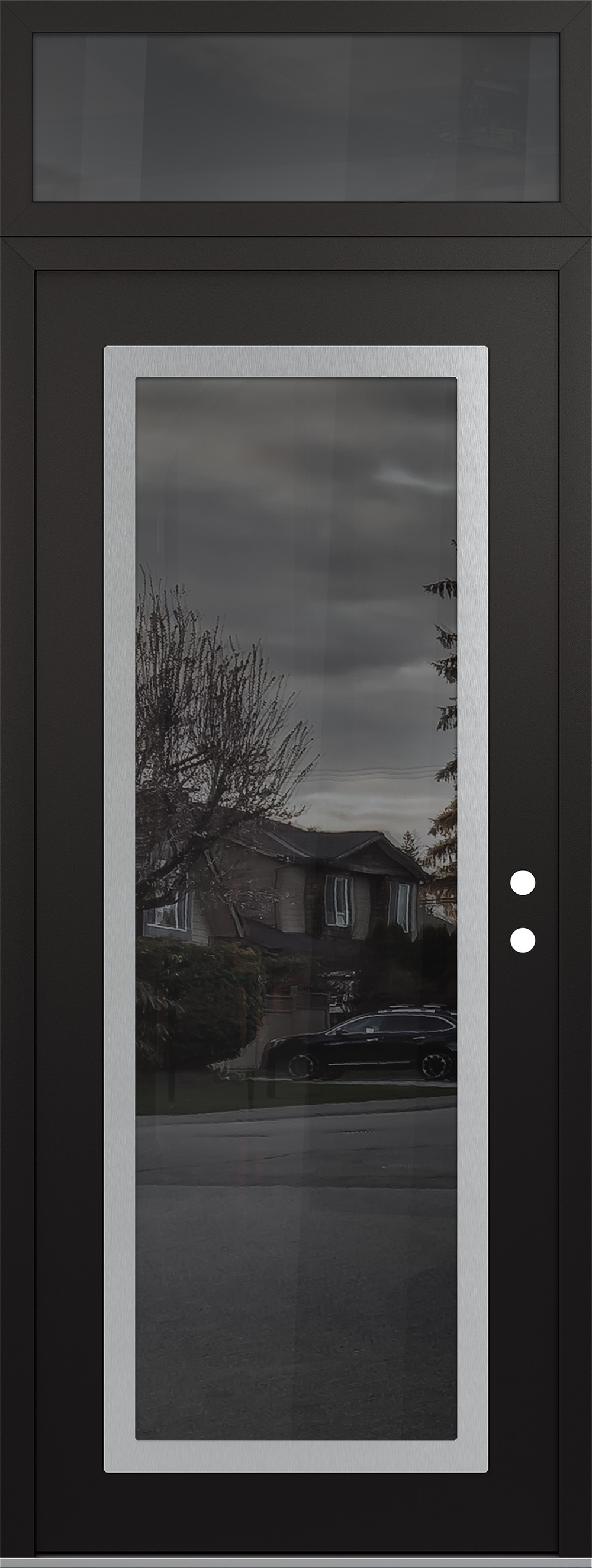 Modern Steel Front Door DIAMOND C1 36" X 96" BLACK/BLACK MIRRORED GLASS PANEL STAINLESS STEEL LHI WITH TRANSOM MIRRORED GLASS