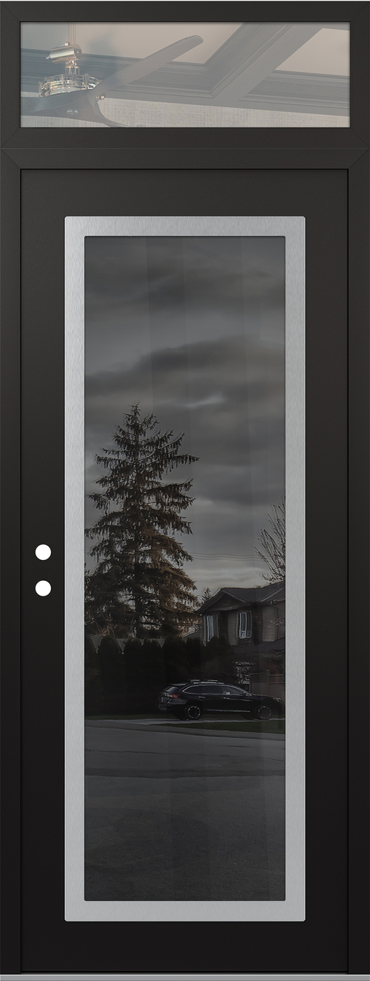 Modern Steel Front Door DIAMOND C1 36" X 96" BLACK/BLACK MIRRORED GLASS PANEL STAINLESS STEEL RHI WITH TRANSOM CLEAR GLASS