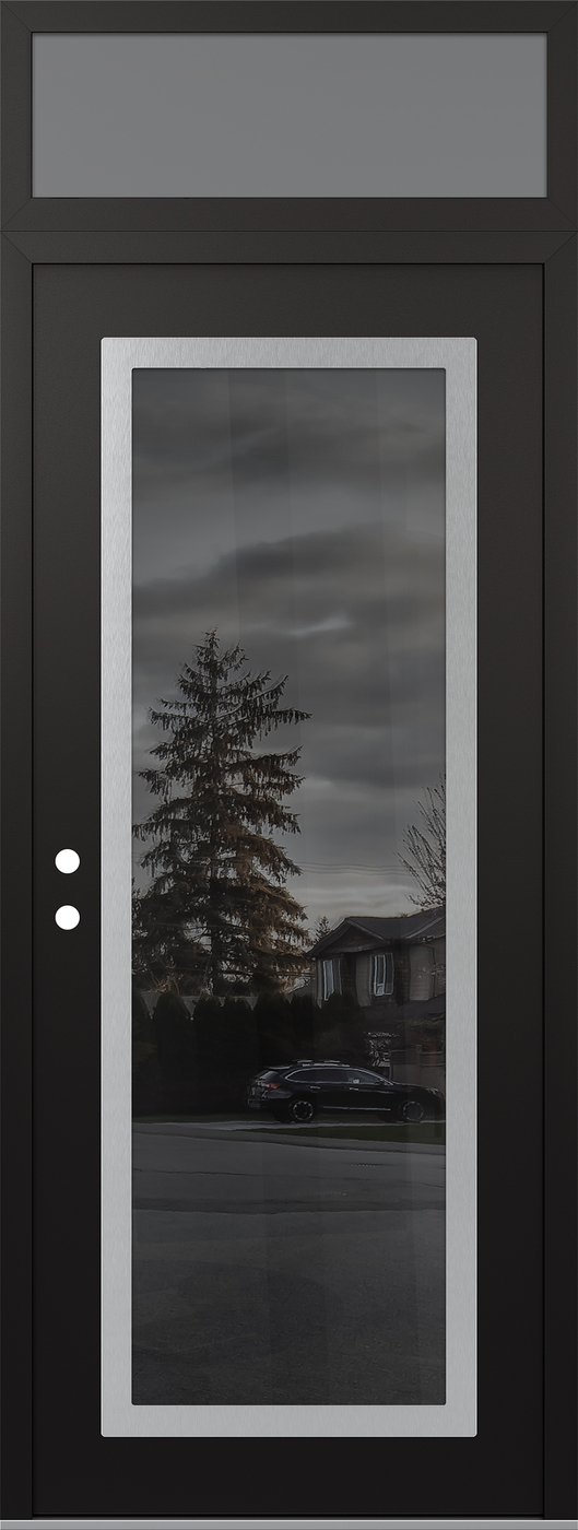 Modern Steel Front Door DIAMOND C1 36" X 96" BLACK/BLACK MIRRORED GLASS PANEL STAINLESS STEEL RHI WITH TRANSOM FROSTED GLASS
