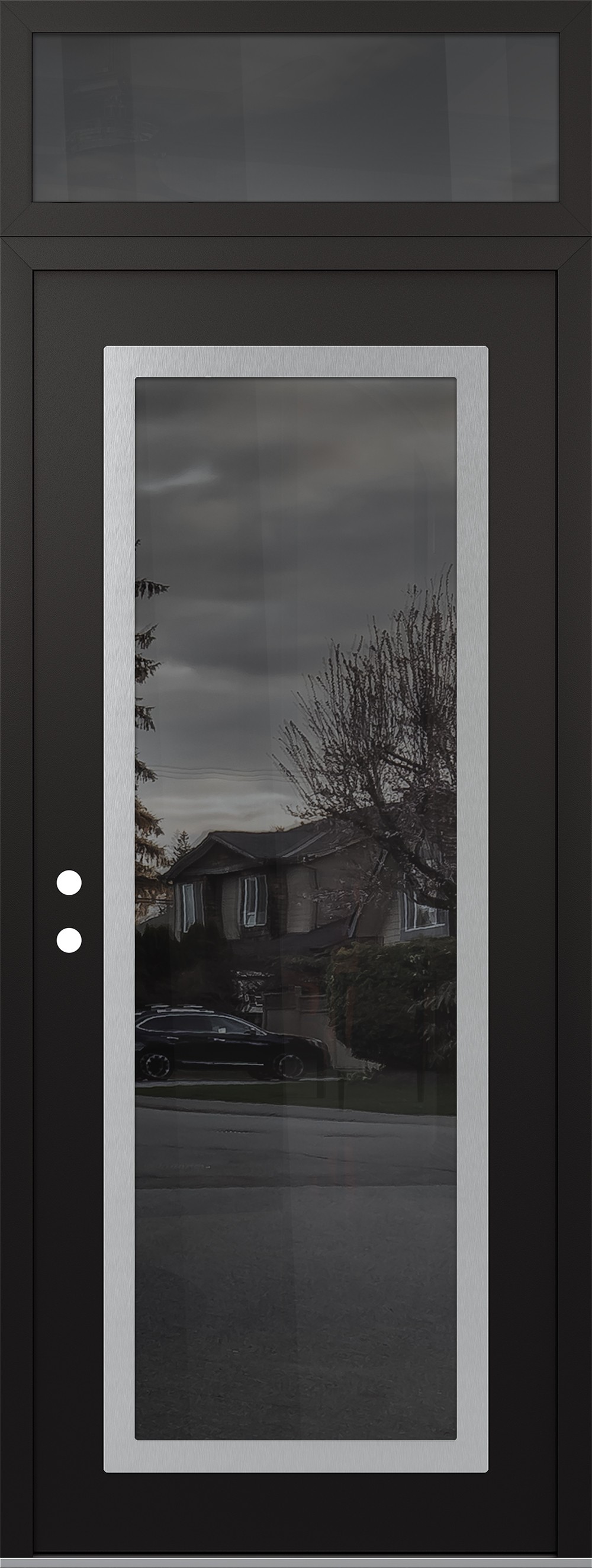 Modern Steel Front Door DIAMOND C1 36" X 96" BLACK/BLACK MIRRORED GLASS PANEL STAINLESS STEEL RHI WITH TRANSOM MIRRORED GLASS