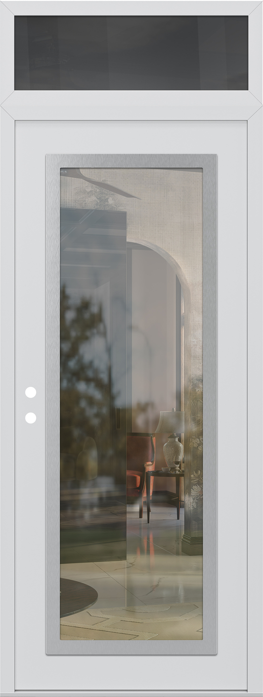 Modern Steel Front Door DIAMOND C1 36" X 96" WHITE/WHITE CLEAR GLASS PANEL STAINLESS STEEL RHI WITH TRANSOM MIRRORED GLASS