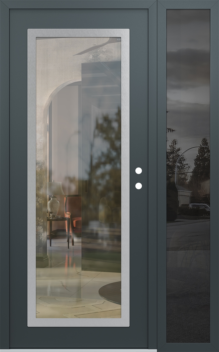 Modern Steel Front Door Diamond C1 48" x 80" anthracite/anthracite clear Glass Panel stainless steel LHI with Sidelite mirrored Glass