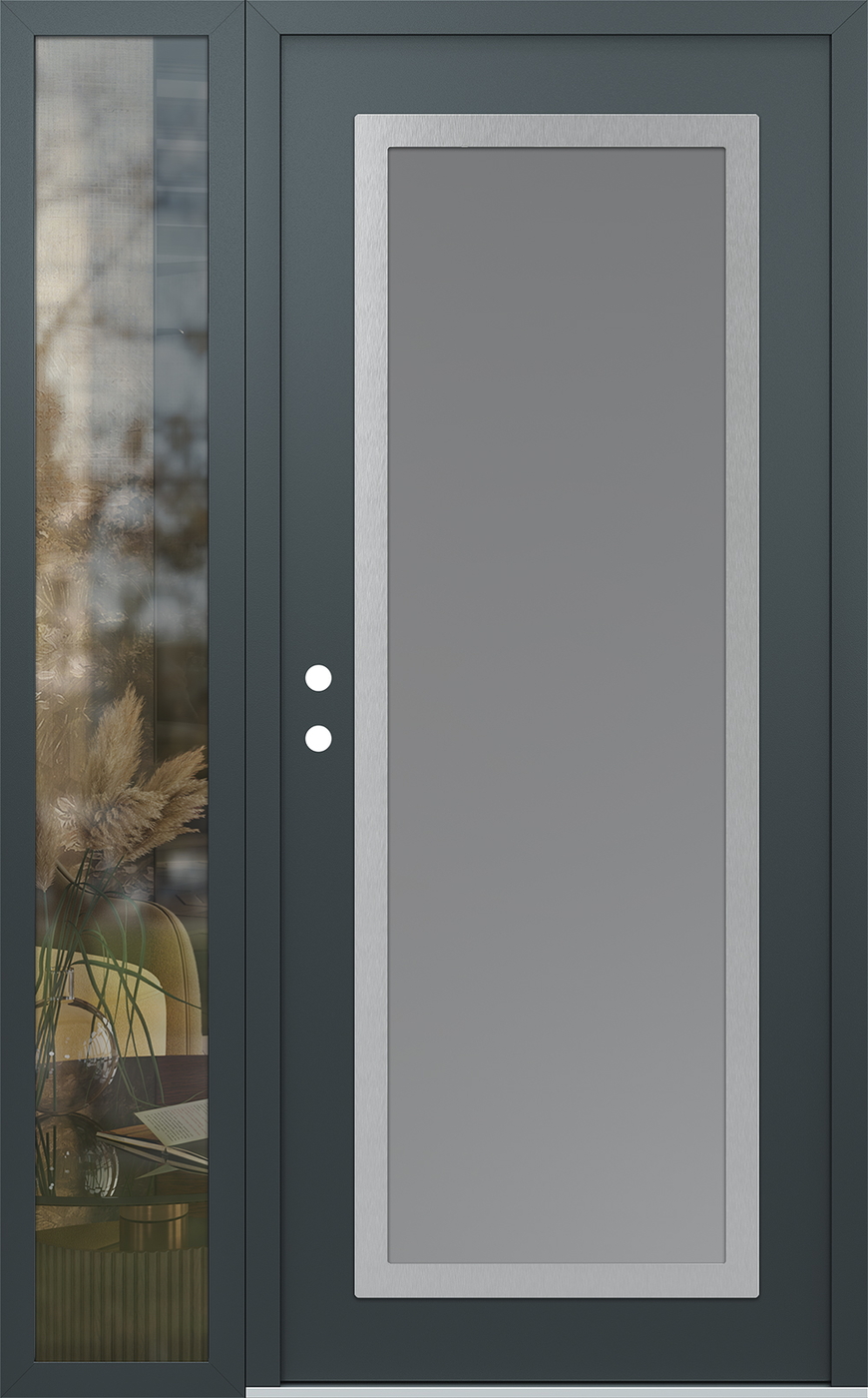 Modern Steel Front Door Diamond C1 48" x 80" anthracite/anthracite frosted Glass Panel stainless steel RHI with Sidelite clear Glass
