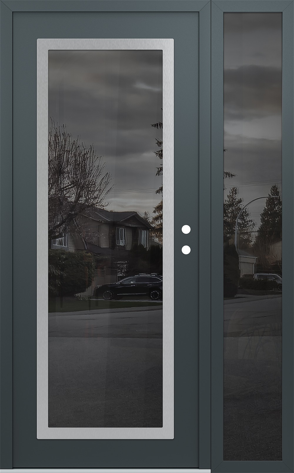 Modern Steel Front Door Diamond C1 48" x 80" anthracite/anthracite mirrored Glass Panel stainless steel LHI with Sidelite mirrored Glass