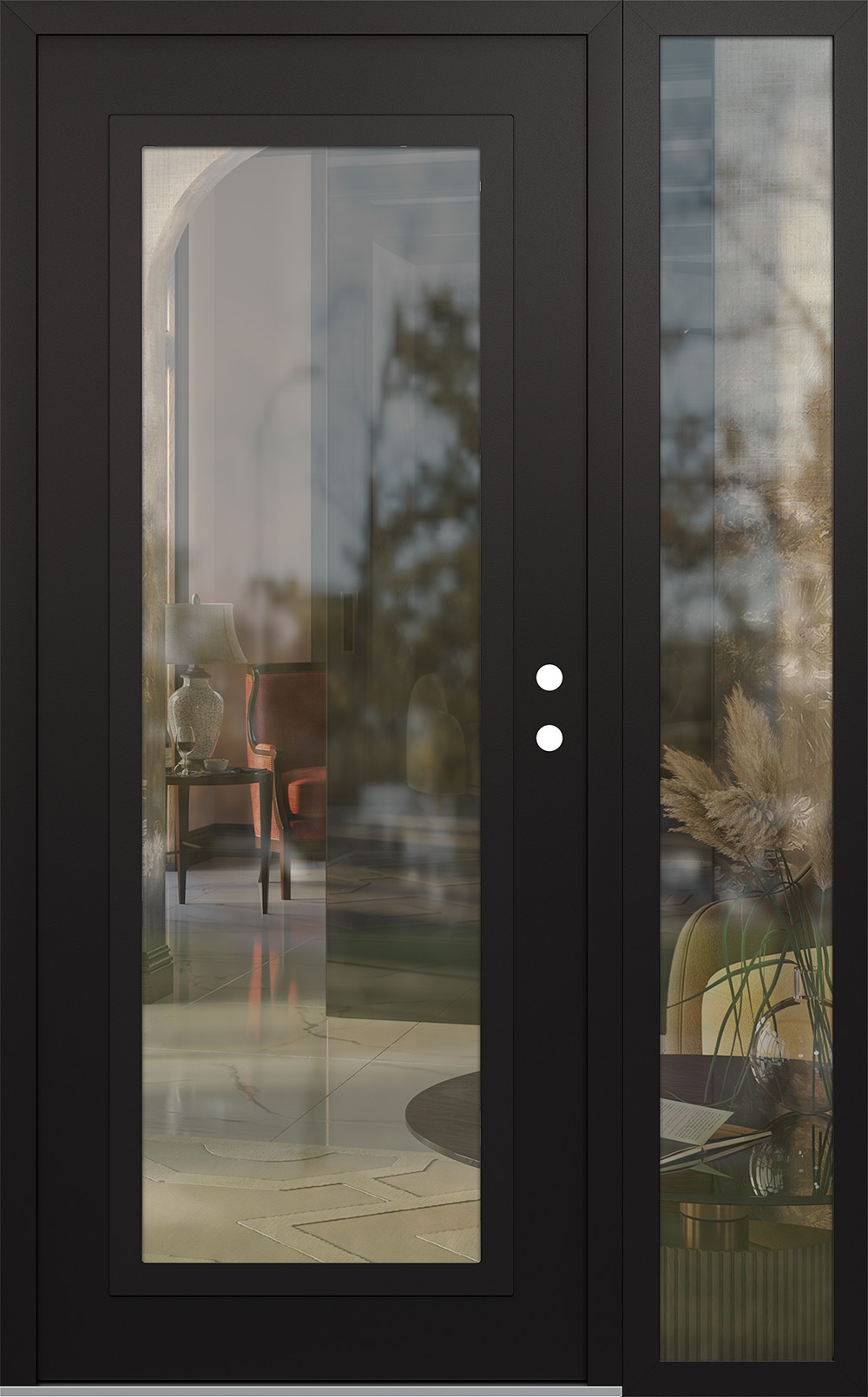 Modern Steel Front Door Diamond C1 48" x 80" black/black clear Glass Panel black LHI with Sidelite clear Glass