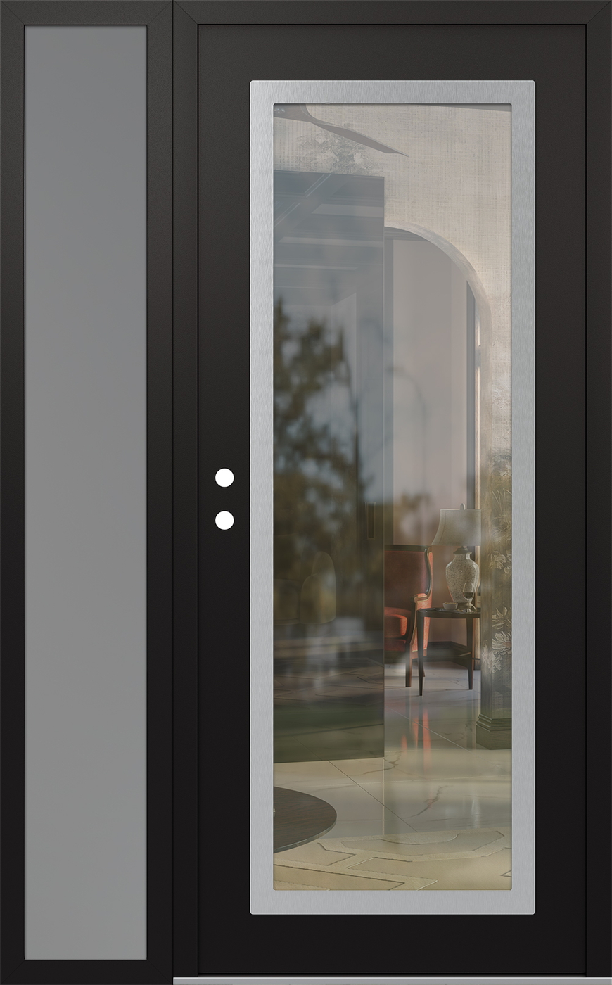 Modern Steel Front Door Diamond C1 48" x 80" black/black clear Glass Panel stainless steel RHI with Sidelite frosted Glass