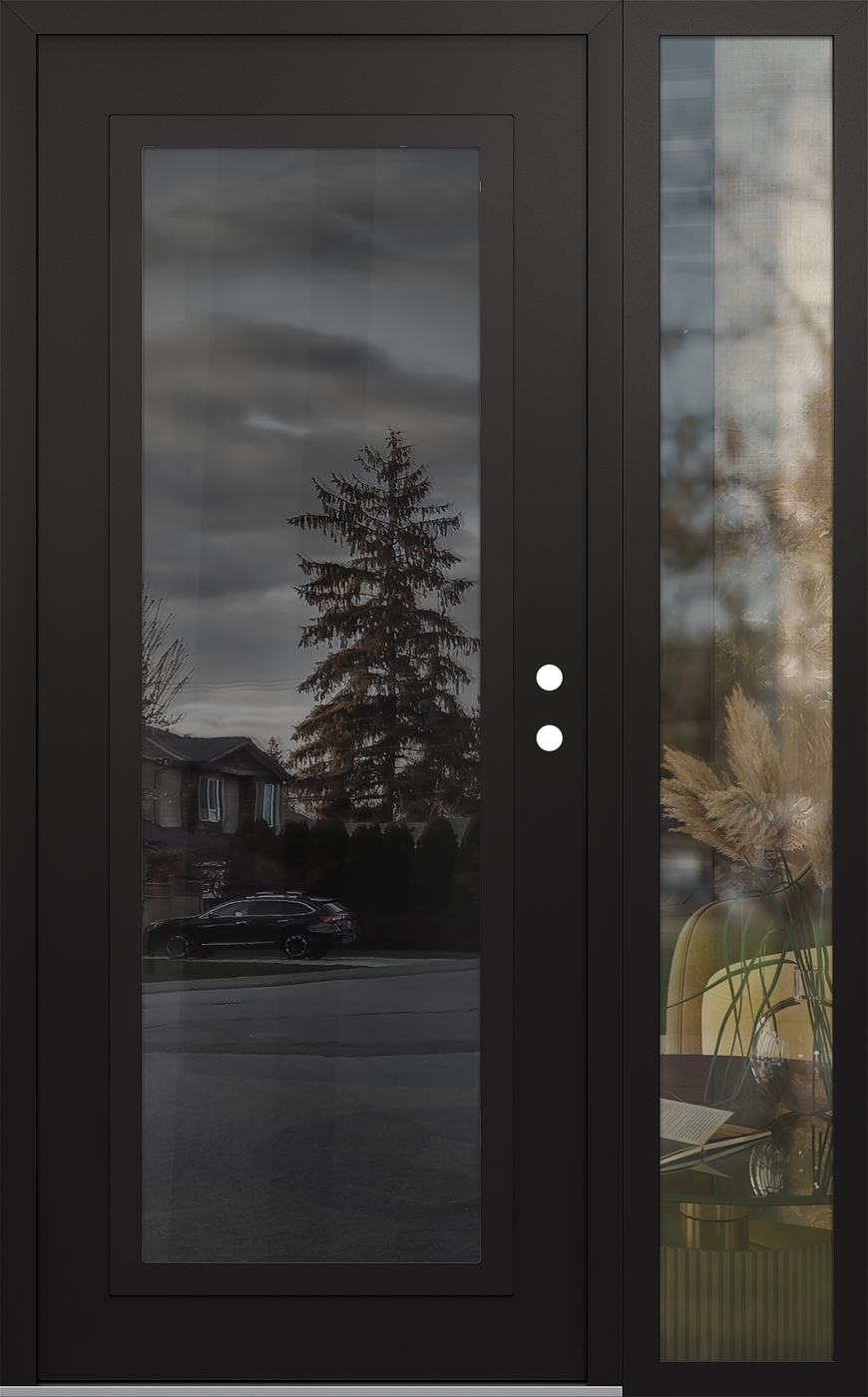 Modern Steel Front Door Diamond C1 48" x 80" black/black mirrored Glass Panel black LHI with Sidelite clear Glass