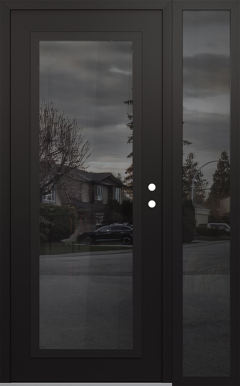 Modern Steel Front Door Diamond C1 48" x 80" black/black mirrored Glass Panel black LHI with Sidelite mirrored Glass