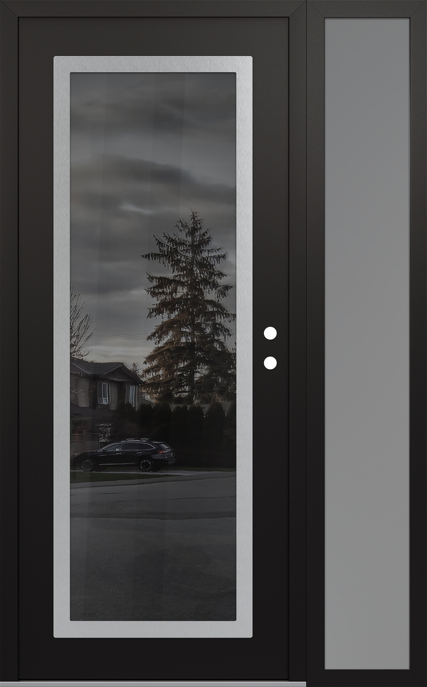 Modern Steel Front Door Diamond C1 48" x 80" black/black mirrored Glass Panel stainless steel LHI with Sidelite frosted Glass